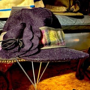 Stormy Kromer petal pusher wool hat in eggplant+Aurora plaid wool